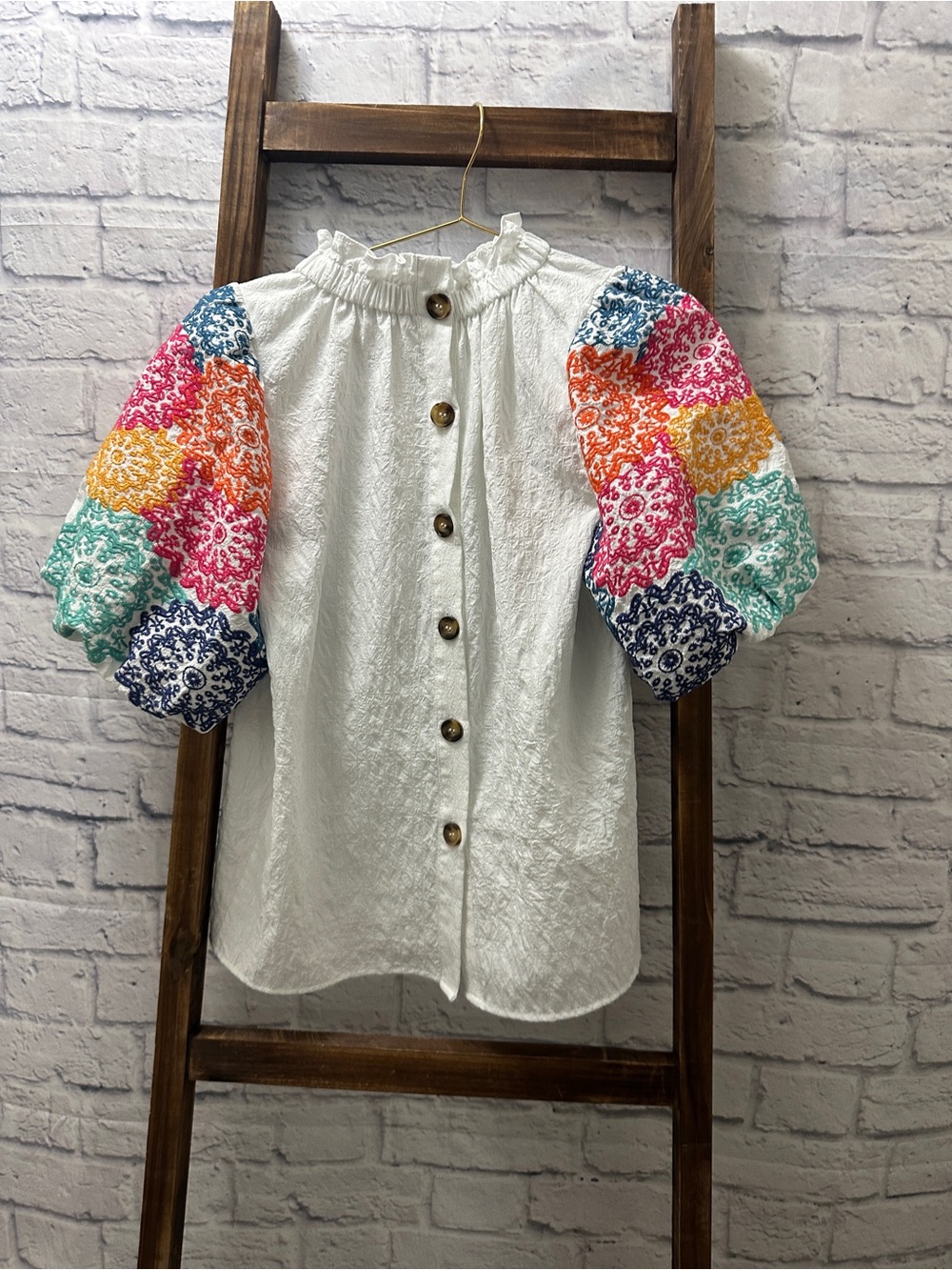 THML White Top with Multicolor Embroidered Puff Sleeves - Picture 2 of 2